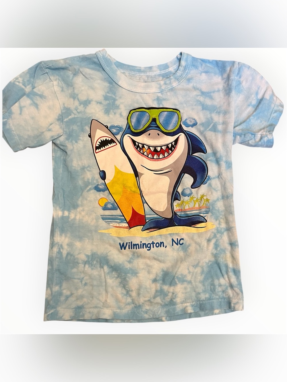 Kids Wilmington NC Tie-Dye Shark Graphic Tee | Blue Surf T-Shirt | Size Small